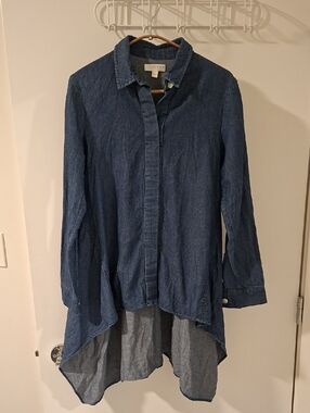 Kenar Dark Blue Denim Unique Lagenlook High/Low Hem Button-down Shirt (Size S)